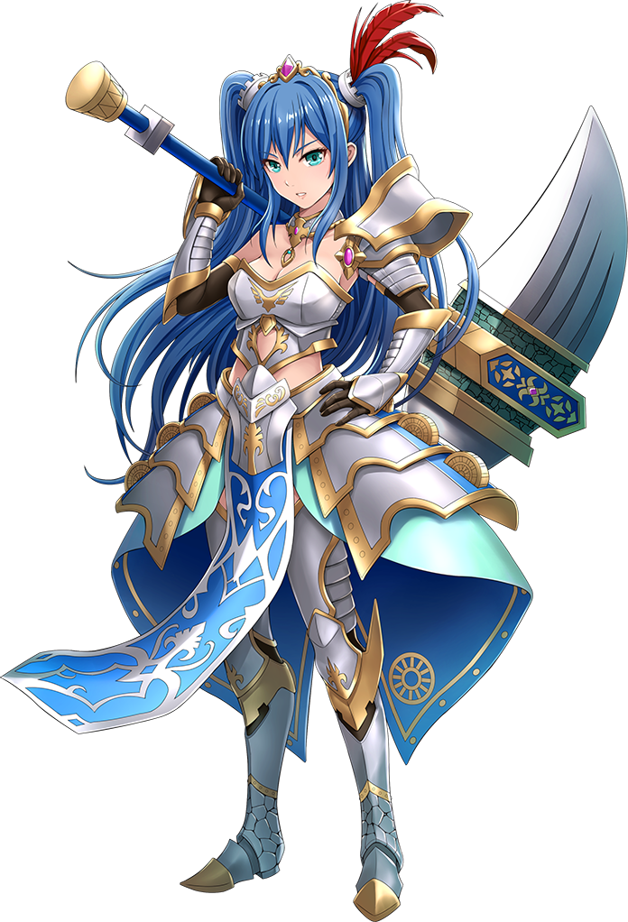 1girl aqua_eyes armor bare_shoulders blue_hair breasts cleavage detached_sleeves elbow_gloves full_body gloves hair_ornament long_hair official_art oshiro_project oshiro_project_re over_shoulder shamakho solo standing transparent_background twintails very_long_hair weapon weapon_over_shoulder yodo_(oshiro_project)