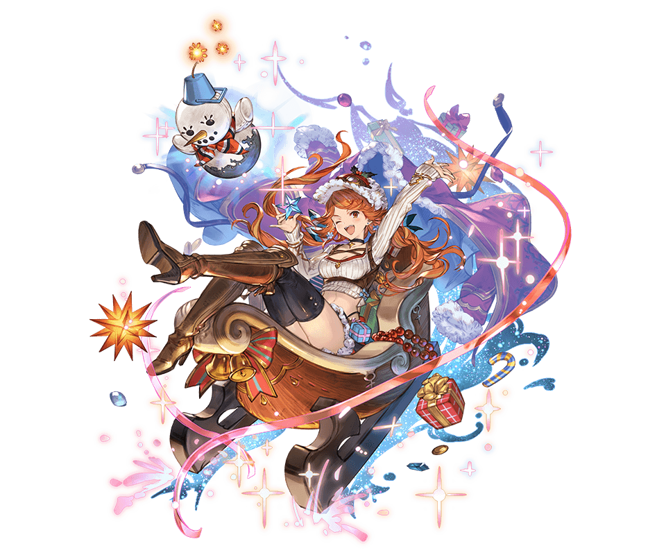 1girl ;d bomb boots cape full_body gift granblue_fantasy hat long_hair looking_at_viewer mary_(granblue_fantasy) minaba_hideo official_art one_eye_closed open_mouth orange_eyes orange_hair sleigh smile snowman solo transparent_background twintails