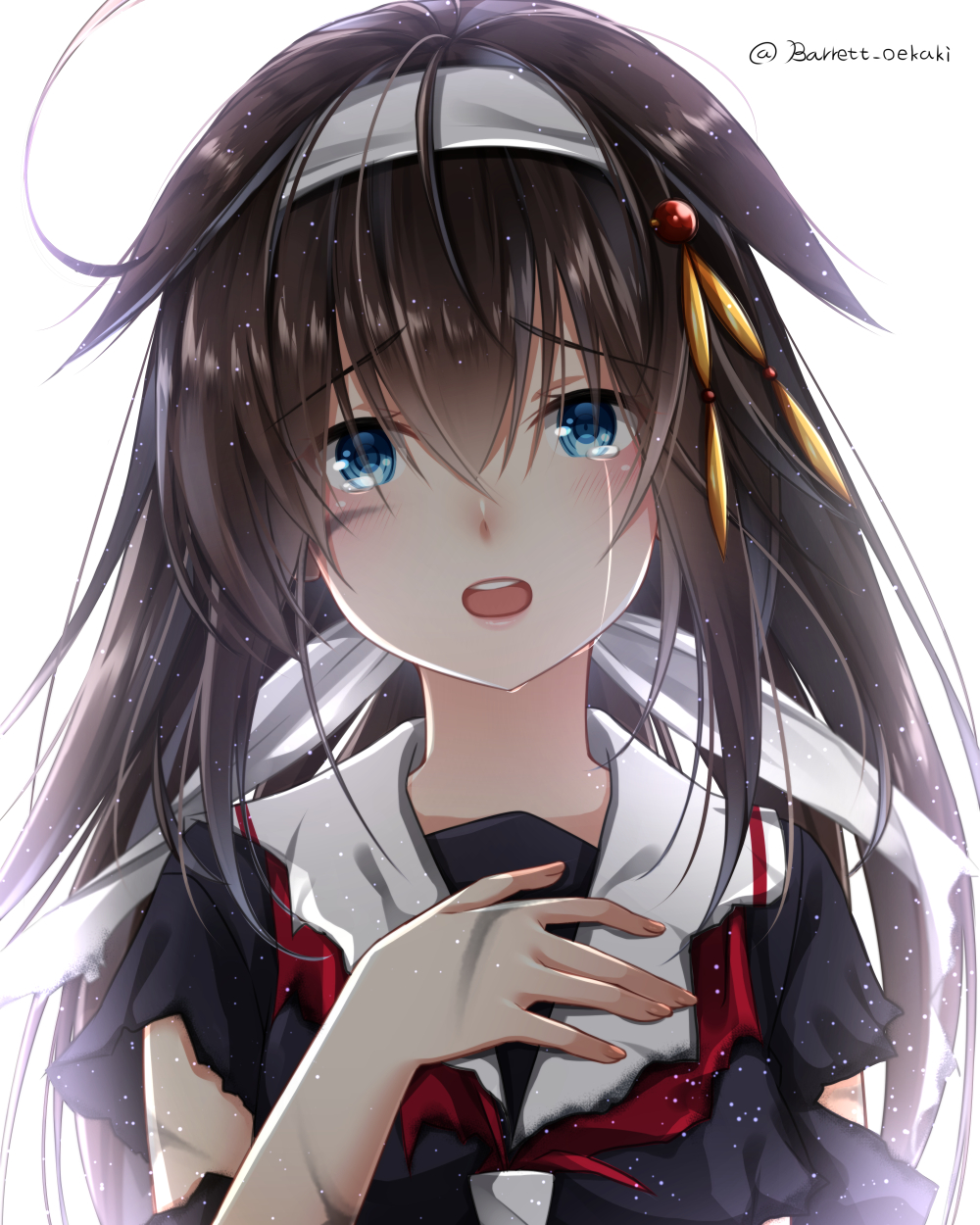 1girl :o alternate_hairstyle bangs baretto_(firearms_1) black_serafuku blush crying crying_with_eyes_open eyebrows_visible_through_hair hair_between_eyes hair_down hair_ornament hairband hairpin hand_on_own_chest highres kantai_collection light_particles looking_at_viewer neckerchief open_mouth raised_eyebrows red_neckwear remodel_(kantai_collection) school_uniform serafuku shigure_(kantai_collection) shirt simple_background solo streaming_tears tareme tears torn_clothes torn_shirt twitter_username upper_body white_background white_hairband