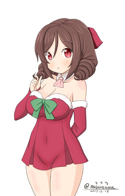 1girl artist_name ascot bow breasts bridal_gauntlets brown_hair cowboy_shot dated dress drill_hair hair_bow harukaze_(kantai_collection) kantai_collection large_breasts masara_(masalucky2010) pink_ascot red_bow red_dress red_eyes simple_background solo strapless strapless_dress twin_drills twitter_username white_background