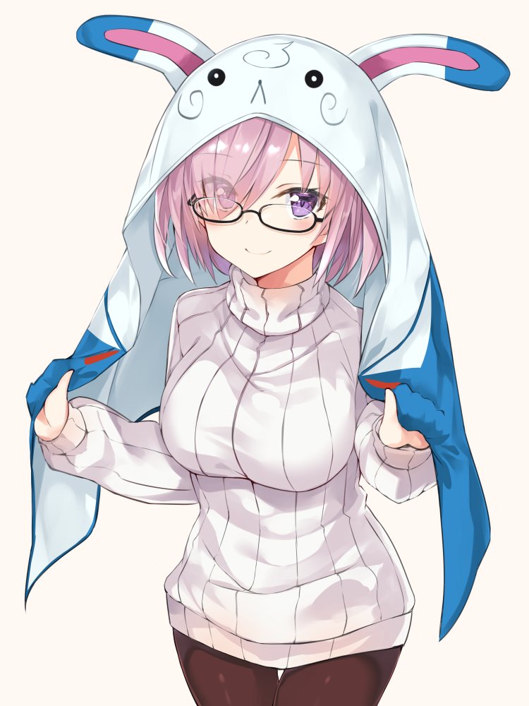 1girl :&lt; animal_ears black-framed_eyewear blush breasts brown_legwear cape closed_mouth eyebrows_visible_through_hair eyes_visible_through_hair fake_animal_ears fate/grand_order fate_(series) fou_(fate/grand_order) glasses hair_over_one_eye long_sleeves looking_at_viewer mash_kyrielight medium_breasts pantyhose pink_hair rabbit_ears shiny shiny_hair short_hair simple_background smile solo sweater takehana_note thigh_gap turtleneck turtleneck_sweater under-rim_eyewear violet_eyes white_sweater yellow_background