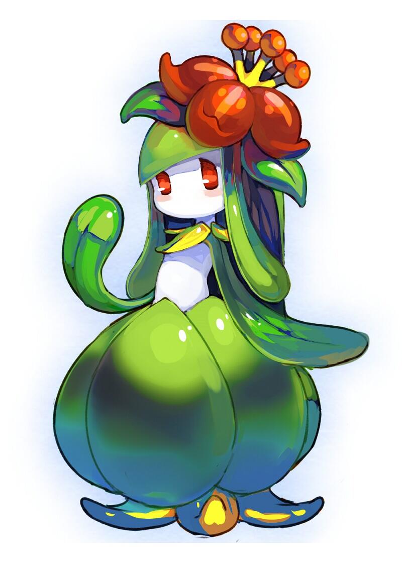 1girl commentary_request flower full_body green_hair harau leaf lilligant long_hair looking_at_viewer no_humans plant_girl pokemon pokemon_(creature) red_eyes solo