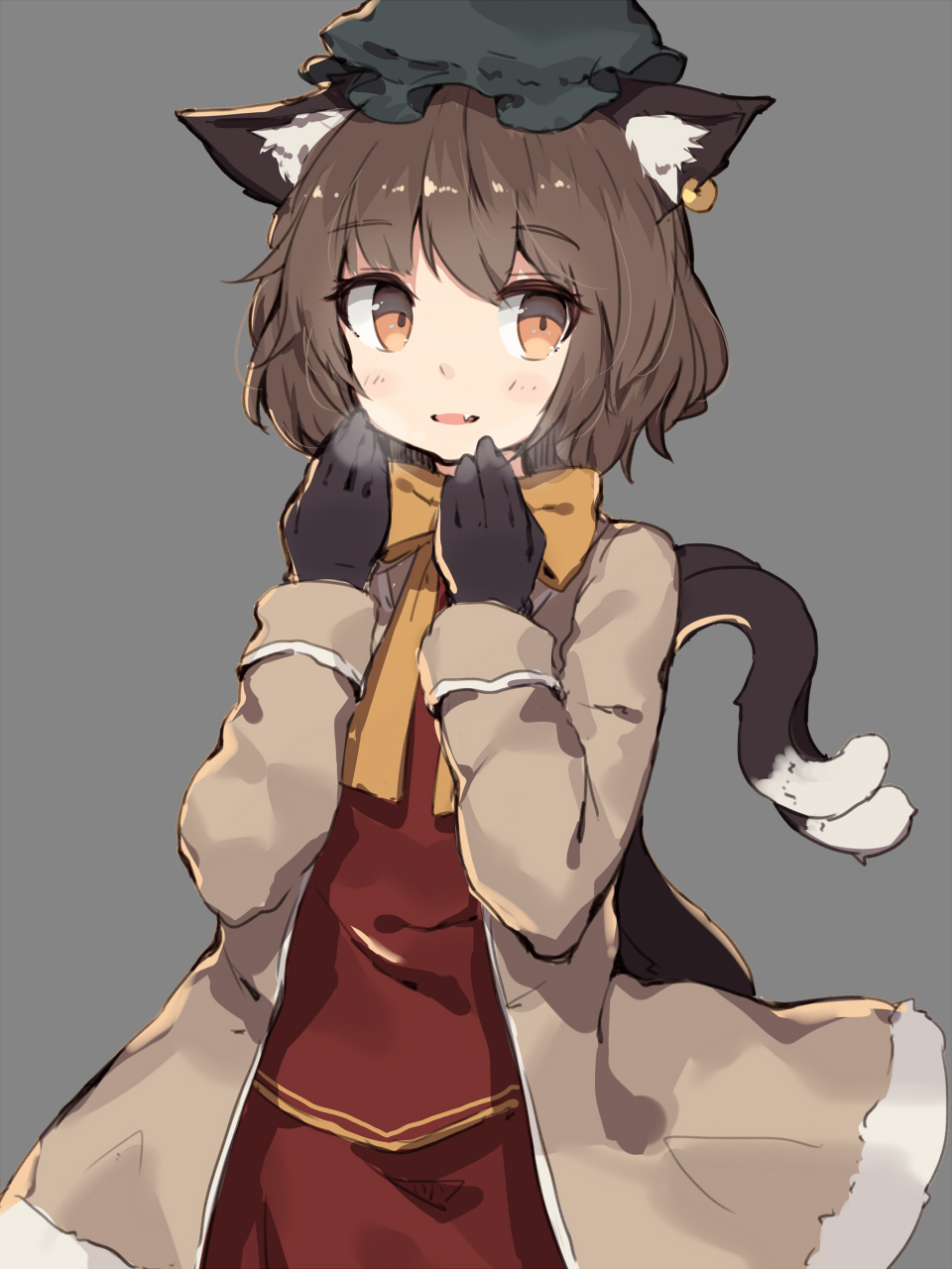 1girl animal_ears black_gloves blush bow bowtie breath cat_ears cat_tail chen coat fang gloves hat highres jewelry mob_cap multiple_tails nekomata open_mouth shone short_hair simple_background single_earring solo tail touhou two_tails