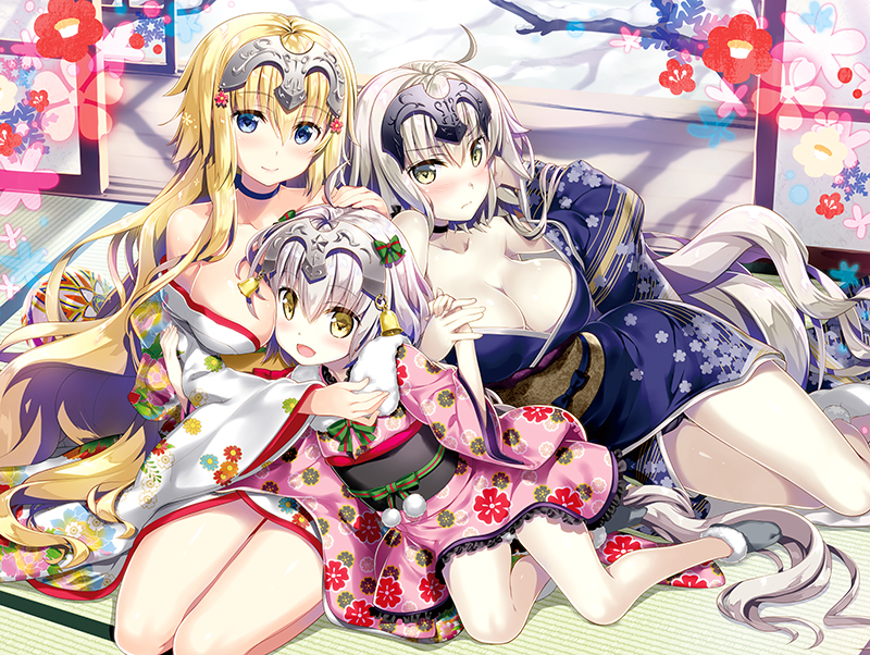 3girls :d adjusting_hair ahoge arm_up bangs bare_legs bare_shoulders bare_tree bell between_breasts black_choker black_footwear black_kimono black_panties blonde_hair blue_eyes blush bow breast_press breasts cleavage closed_mouth collarbone day eyebrows_visible_through_hair fate/grand_order fate_(series) floral_print fujima_takuya full_body fur-trimmed_legwear fur_collar fur_trim green_bow hair_bow hand_in_hair hand_on_another's_head head_between_breasts headpiece indoors japanese_clothes jeanne_d'arc_(alter)_(fate) jeanne_d'arc_(fate) jeanne_d'arc_(fate)_(all) jeanne_d'arc_alter_santa_lily kimono large_breasts light_frown long_sleeves looking_at_viewer multiple_girls nose_blush obi off_shoulder on_floor open_mouth panties pantyshot pink_kimono pom_pom_(clothes) reclining ribbon sash seiza shiny shiny_skin sitting sliding_doors smile socks striped striped_ribbon sunlight tabi tareme tatami thigh_gap tree underwear white_hair white_kimono wide_sleeves yellow_eyes