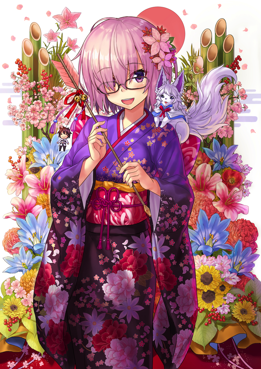 1girl :d ahoge alternate_costume arrow bamboo bell berry black-framed_eyewear blush capelet character_doll cowboy_shot creature creature_on_shoulder eyebrows_visible_through_hair fate/grand_order fate_(series) floral_print flower flower_request fou_(fate/grand_order) fujimaru_ritsuka_(male) glasses hair_flower hair_ornament hair_over_one_eye hamaya highres holding_arrow japanese_clothes jingle_bell kimono long_sleeves looking_at_viewer mash_kyrielight nengajou new_year npcpepper obi on_shoulder open_mouth pink_hair pink_ribbon ribbon round_teeth sash shiny shiny_hair short_hair smile standing sunflower tassel teeth violet_eyes wide_sleeves yukata