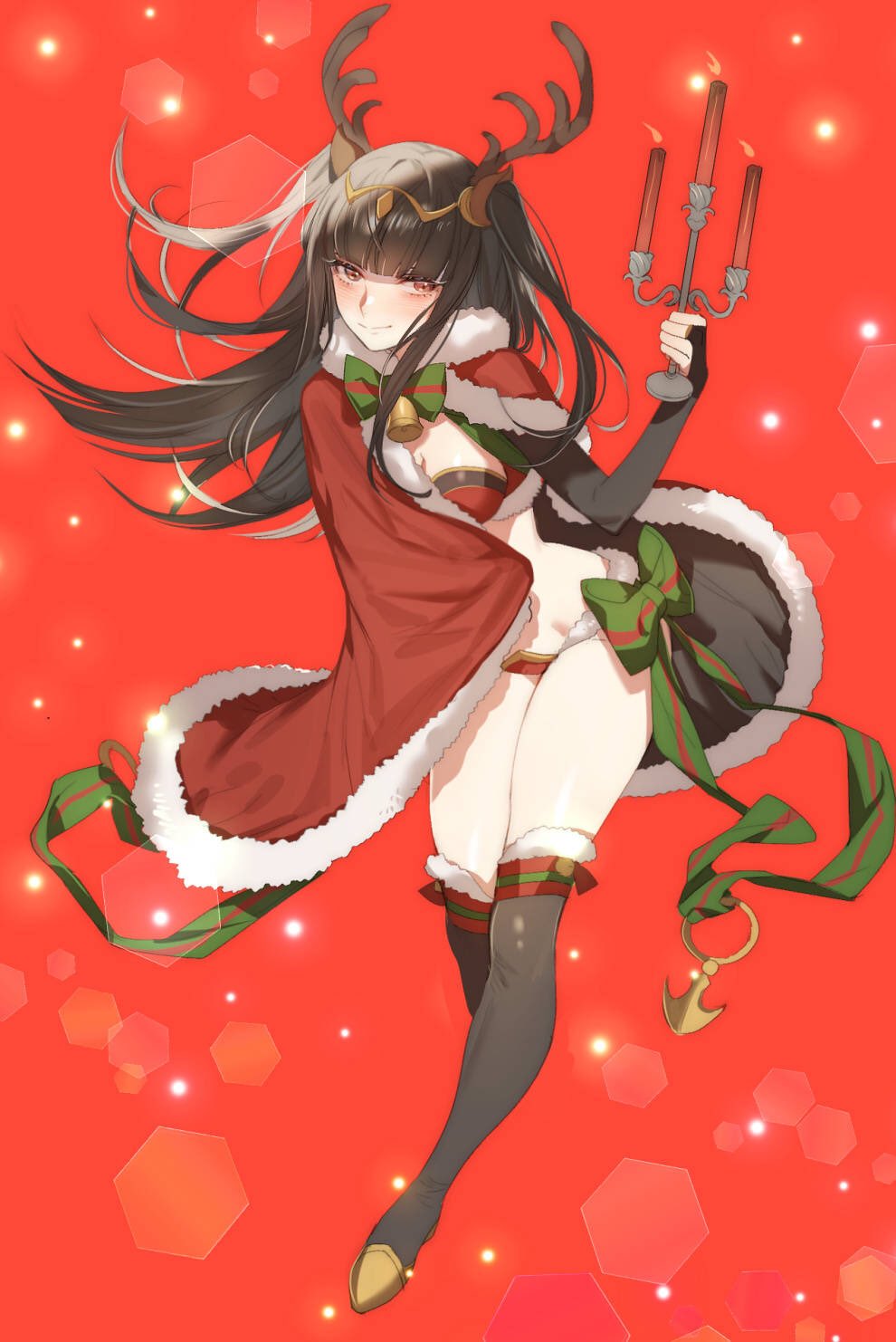 1girl alternate_costume antlers black_hair breasts candelabra candle cape cleavage fire_emblem fire_emblem:_kakusei fire_emblem_heroes fur_cape fur_trim highres red_background red_cape smile solo tharja tiara zuizi