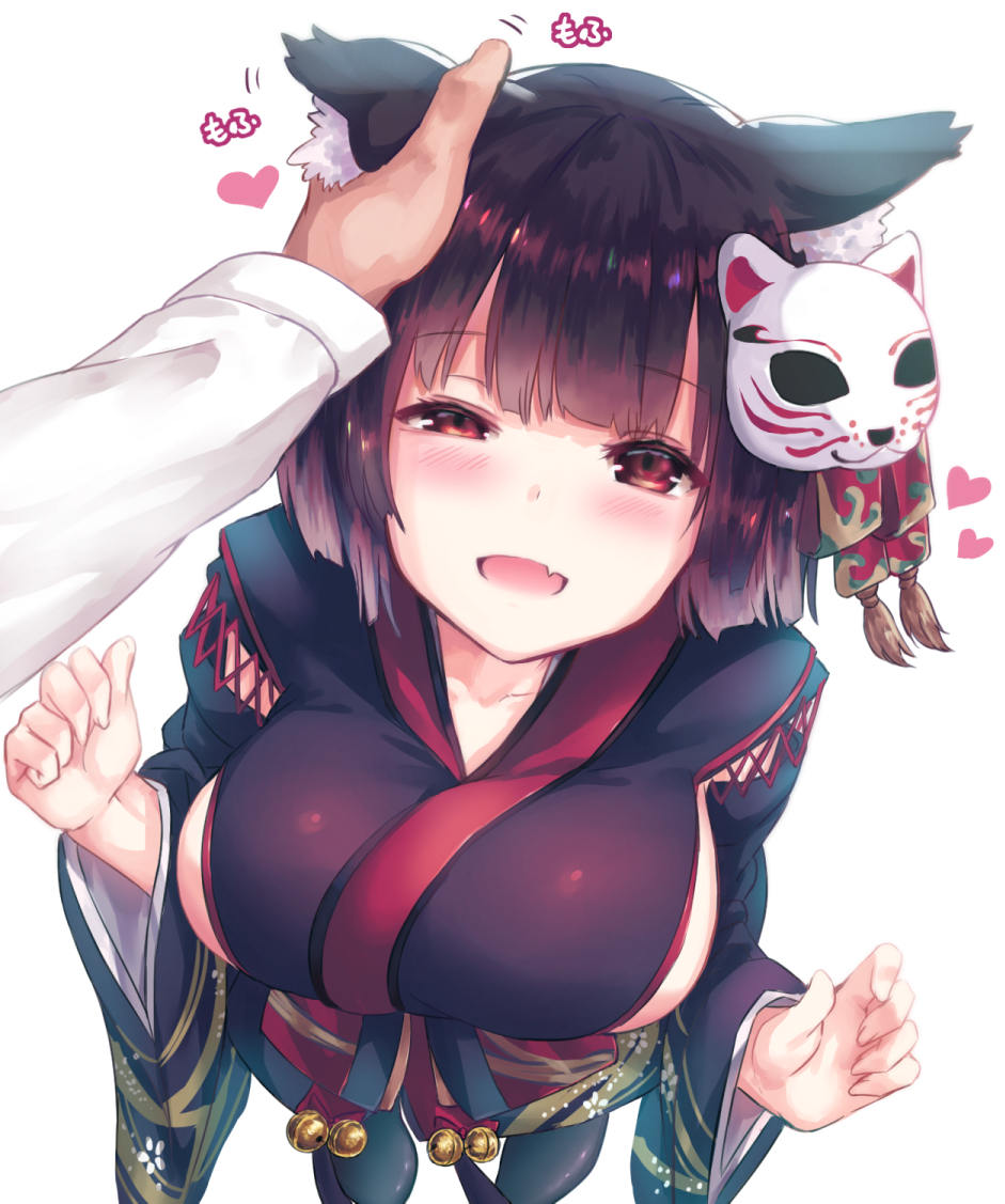 1girl :d admiral_(azur_lane) animal_ears azur_lane bangs black_hair black_kimono blunt_bangs blush bow breasts brown_eyes cat_ears eyebrows_visible_through_hair floral_print hand_on_another's_head japanese_clothes kimono large_breasts long_sleeves looking_at_viewer mask mask_on_head obi open_mouth red_bow sash short_hair sideboob simple_background smile tama_satou white_background yamashiro_(azur_lane)