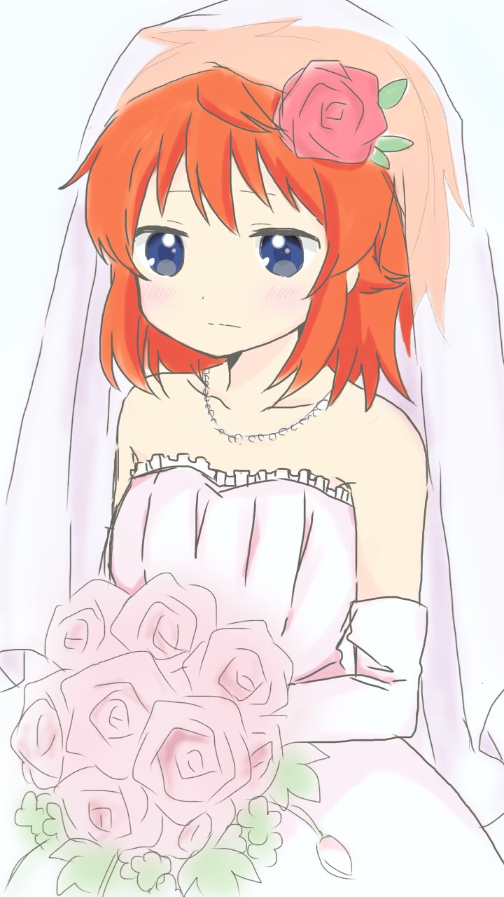 10s 1girl blue_eyes blush closed_mouth flower gloves jewelry koshigaya_natsumi non_non_biyori pixiv red_hair shika_(s1ka) solo wedding weeding_dress white_background