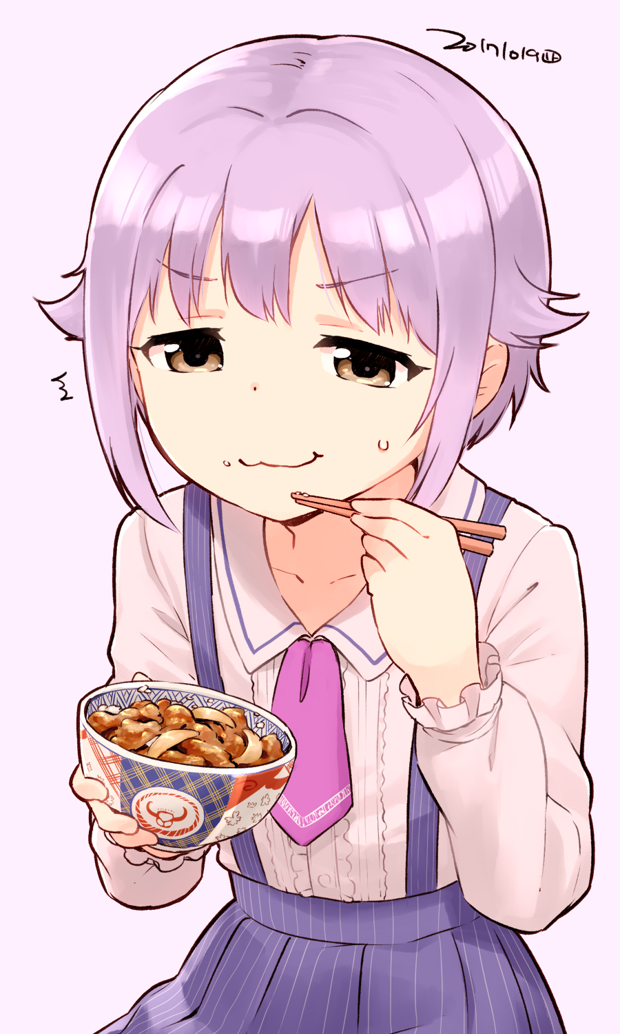 /\/\/\ 1girl :3 ascot bangs blouse blue_skirt bowl buttons chewing chopsticks closed_mouth collarbone curry curry_rice dated dot_nose eating eyebrows_visible_through_hair food food_on_face half-closed_eyes highres holding holding_bowl holding_chopsticks idolmaster idolmaster_cinderella_girls koshimizu_sachiko leaning_forward long_sleeves nagian pleated_skirt purple_background purple_hair purple_neckwear rice rice_on_face sailor_collar short_hair sidelocks simple_background skirt solo striped striped_skirt suspender_skirt suspenders sweatdrop upper_body v-shaped_eyebrows white_blouse white_sailor_collar yellow_eyes