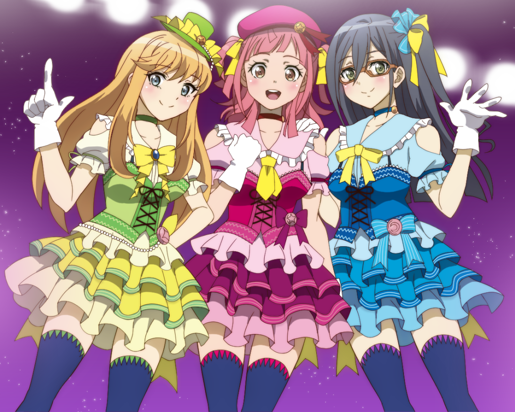 3girls :d anime-gataris asagaya_minoa black_hair black_legwear blonde_hair blue_choker blue_dress blue_eyes blush brown-framed_eyewear brown_eyes choker clenched_hand dress frilled_dress frills glasses gloves green_choker green_dress green_hat hand_on_hip hand_up hat idol index kamiigusa_arisu kouenji_miko long_hair looking_at_viewer multiple_girls onomekaman open_mouth pink_dress pink_hair pink_hat red_choker smile stage_lights standing thigh-highs white_gloves