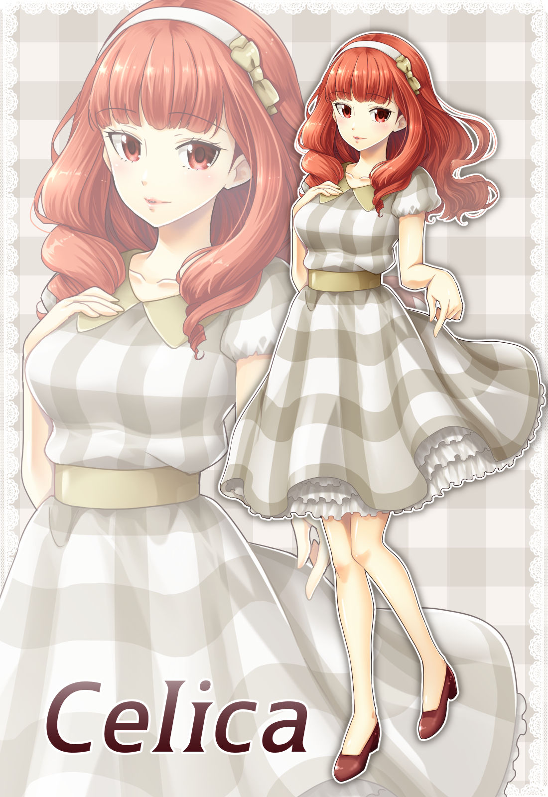 1girl alternate_costume breasts celica_(fire_emblem) character_name checkered checkered_background checkered_dress contemporary dress fire_emblem fire_emblem_echoes:_mou_hitori_no_eiyuuou frills full_body hairband hand_on_own_chest high_heels highres long_hair looking_at_viewer medium_breasts red_eyes redhead smile solo standing yuino_(fancy_party) zoom_layer