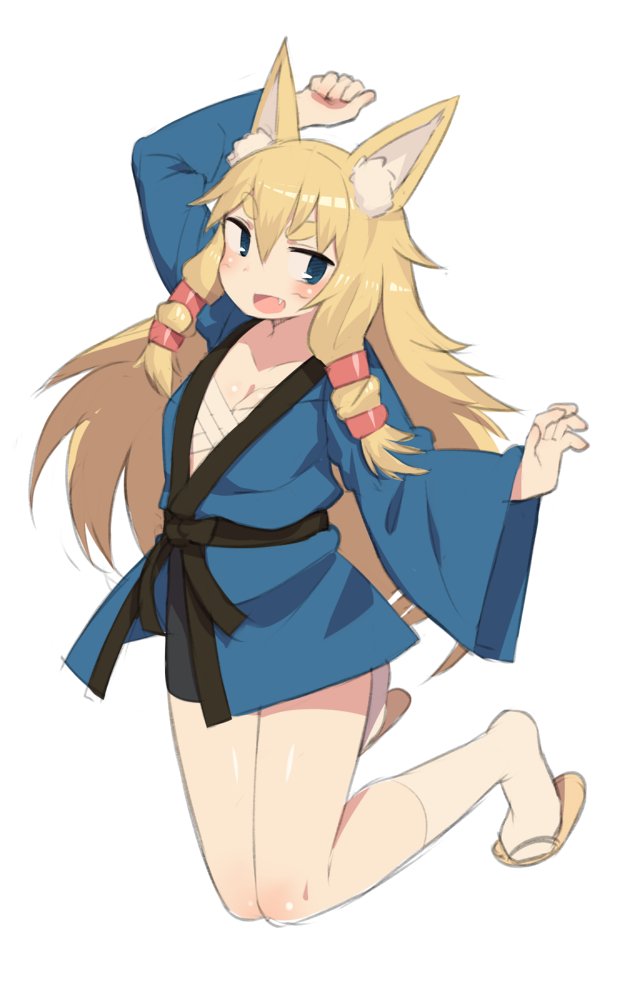 1girl :d animal_ears arm_up blonde_hair blue_eyes blue_jacket blush breasts cleavage commentary_request fang fox_ears full_body harau jacket japanese_clothes jumping long_hair long_sleeves medium_breasts open_mouth original sandals sarashi simple_background smile solo tabi white_background white_legwear wide_sleeves