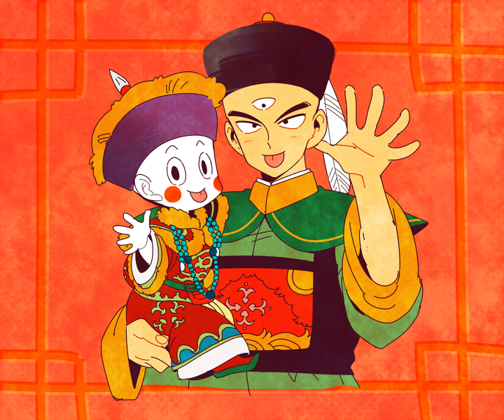 2boys :p black_eyes blush_stickers carrying chaozu chinese_clothes dragon_ball feathers hat katori_(katokichi) looking_at_viewer male_focus multiple_boys open_palms pale_skin red_background simple_background smile tenshinhan tongue tongue_out