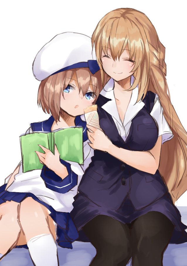 2girls bare_shoulders blanc blancpig_yryr blonde_hair blue_eyes book breasts brown_hair closed_eyes holding holding_book large_breasts long_hair multiple_girls neptune_(series) pantyhose short_hair small_breasts smile vert very_long_hair