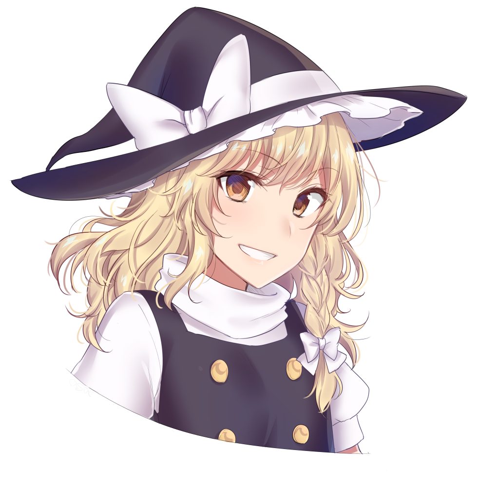 1girl asa_(coco) black_dress blonde_hair bow braid commentary_request dress grin hair_bow hat hat_bow kirisame_marisa looking_at_viewer medium_hair puffy_short_sleeves puffy_sleeves short_sleeves simple_background single_braid smile solo touhou upper_body white_background white_bow witch_hat yellow_eyes