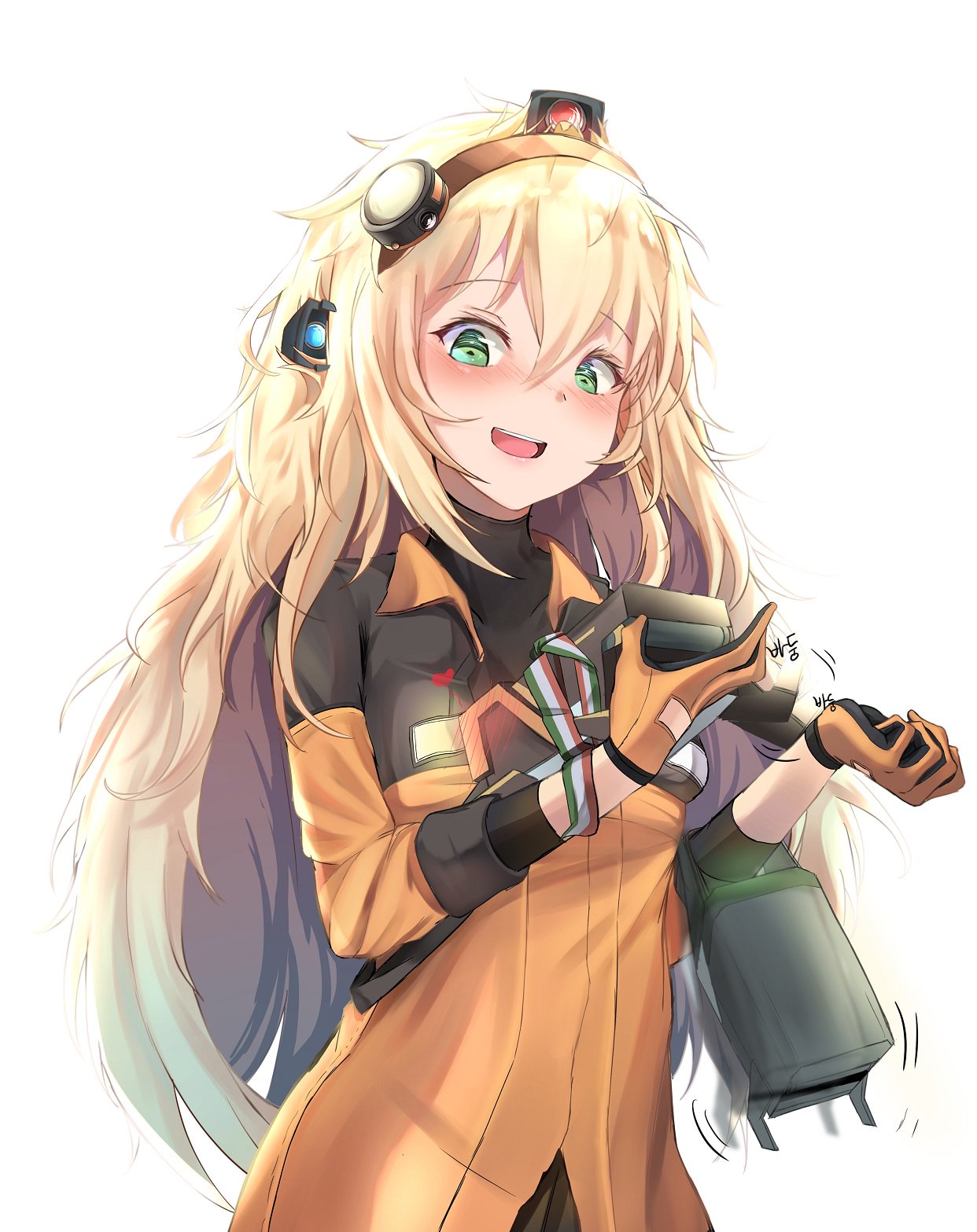 1girl bangs bike_shorts black_gloves black_shirt blonde_hair blush breasts brown_skirt collared_jacket dinergate_(girls_frontline) eyebrows_visible_through_hair flying_heart girls_frontline gloves green_eyes hair_between_eyes hair_ornament hairband highres holding large_breasts long_hair looking_at_viewer messy_hair open_mouth pleated_skirt s.a.t.8_(girls_frontline) septet_(zrca_janne) shirt sidelocks simple_background skirt sleeves_folded_up smile tareme upper_body very_long_hair white_background