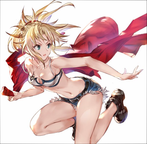 1girl 77gl :o ankle_boots armpits bandage bangs bare_arms bare_legs bare_shoulders belt belt_buckle black_border blonde_hair blue_eyes boots border breasts brown_footwear buckle cleavage collarbone cutoffs denim denim_shorts fate/apocrypha fate_(series) holding_jacket jacket jacket_removed jewelry long_hair looking_back medium_breasts mordred_(fate) mordred_(fate)_(all) navel necklace open_mouth parted_bangs pendant ponytail red_jacket short_shorts shorts simple_background solo stomach v-shaped_eyebrows white_background