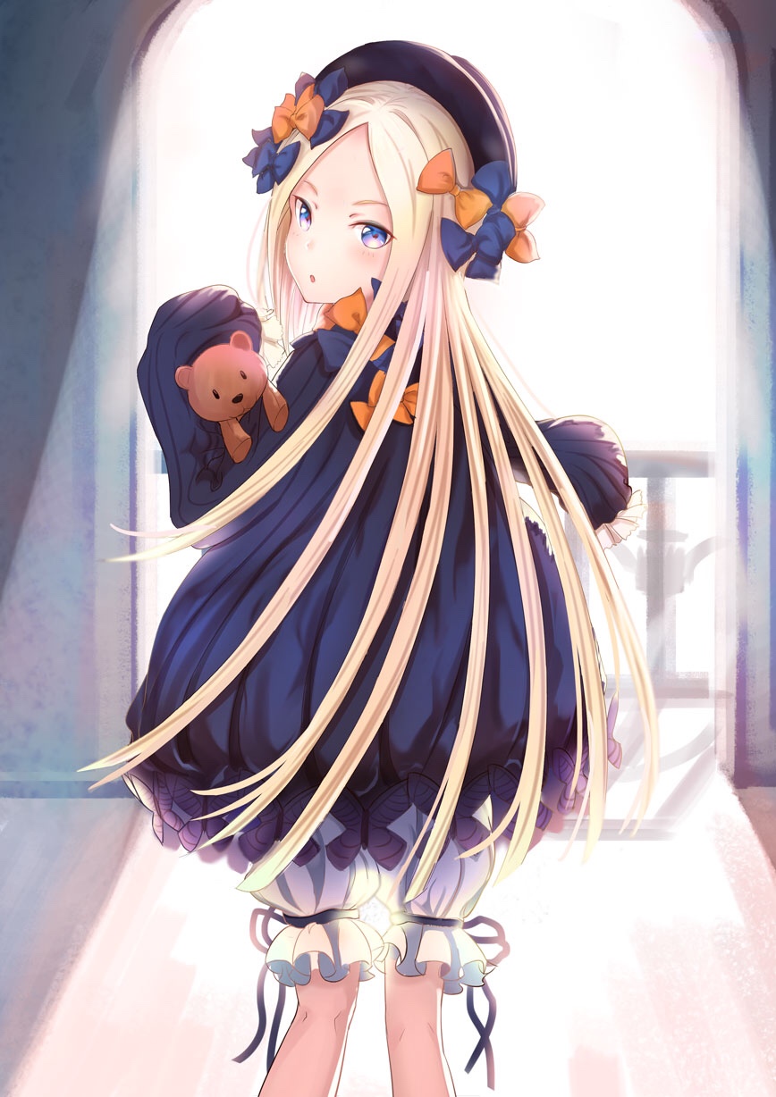 1girl abigail_williams_(fate/grand_order) bangs black_dress black_hat blonde_hair bloomers blush bow butterfly commentary_request day dress fate/grand_order fate_(series) forehead hair_bow hat highres indoors kneepits long_hair long_sleeves looking_at_viewer looking_back object_hug orange_bow parted_bangs parted_lips purple_bow railing sleeves_past_wrists solo stuffed_animal stuffed_toy sunlight teddy_bear toki_(yoyobozi) underwear very_long_hair violet_eyes white_bloomers