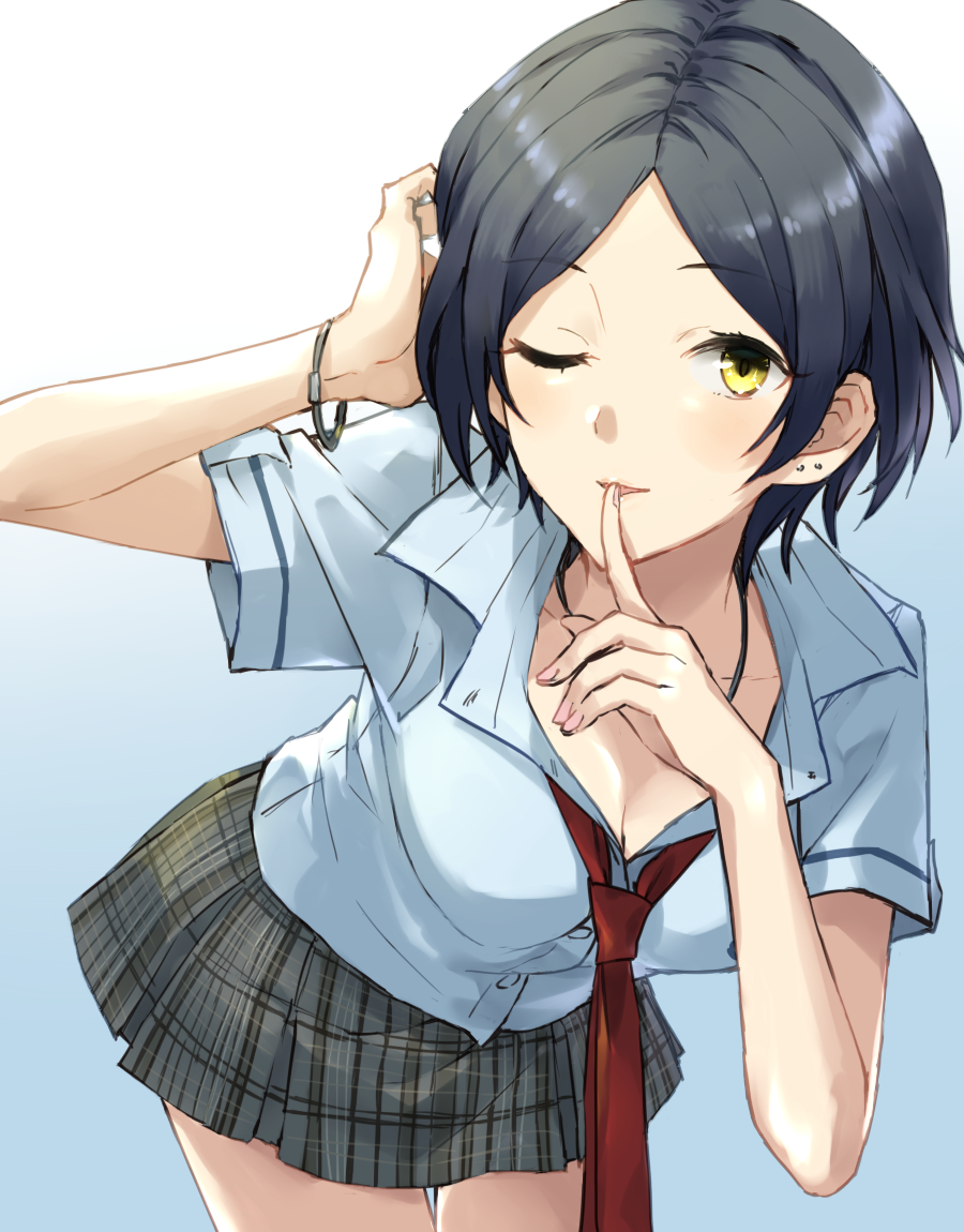 1girl bangs bent_over black_hair blue_background blue_shirt blush breasts cleavage cowboy_shot earrings eyebrows_visible_through_hair finger_to_mouth gradient gradient_background grey_skirt hand_on_own_head hayami_kanade idolmaster idolmaster_cinderella_girls index_finger_raised indoors jewelry looking_at_viewer medium_breasts miniskirt nail_polish necktie parted_bangs pink_nails plaid plaid_skirt pleated_skirt red_neckwear shirt short_hair short_sleeves shushing skirt solo somechime_(sometime1209) standing wristband yellow_eyes