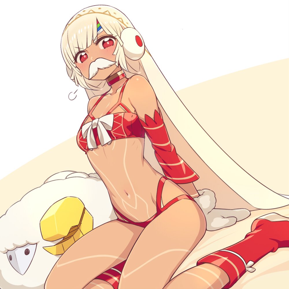1girl altera_(fate) altera_the_santa bangs bare_shoulders beltbra blunt_bangs boots bra breasts bright_pupils chan_co choker closed_mouth commentary_request detached_sleeves dutch_angle earmuffs eyebrows_visible_through_hair fake_mustache fate/grand_order fate_(series) looking_at_viewer mittens navel panties red_bra red_eyes red_footwear red_panties ringed_eyes sheep short_hair silver_hair sitting small_breasts solo underwear veil