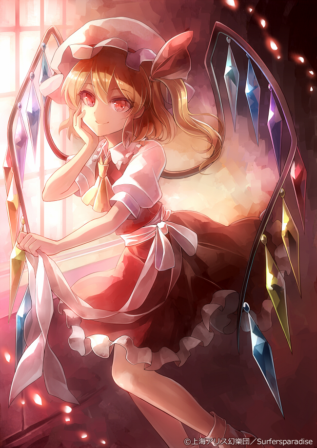 1girl 60mai blonde_hair bobby_socks cravat flandre_scarlet frilled_skirt frills gradient gradient_background hand_on_own_face hat hat_ribbon holding_ribbon indoors light_particles looking_at_viewer mob_cap puffy_short_sleeves puffy_sleeves red_eyes red_skirt red_vest ribbon sash short_hair short_sleeves side_ponytail skirt smile socks solo standing touhou vest watermark window wings yellow_neckwear
