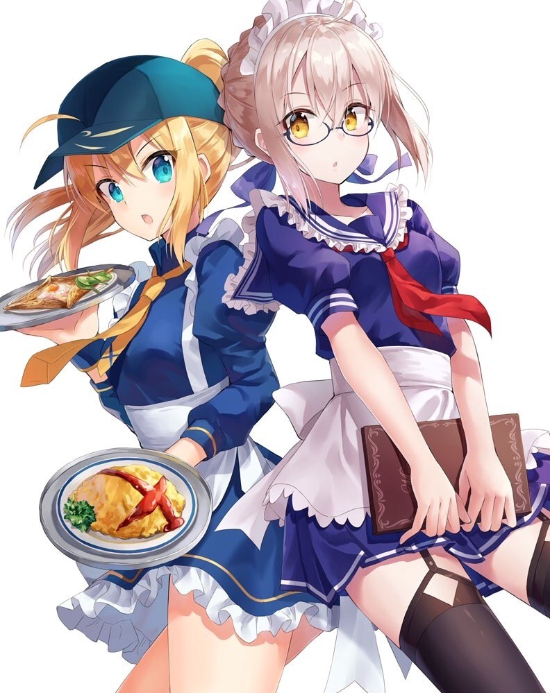 2girls :o ahoge alternate_costume artoria_pendragon_(all) baseball_cap blonde_hair blue_eyes blush dutch_angle fate/grand_order fate_(series) food_request from_below garter_straps hat looking_at_viewer menu multiple_girls mysterious_heroine_x mysterious_heroine_x_(alter) nonono shorts thigh-highs tray white_background yellow_eyes
