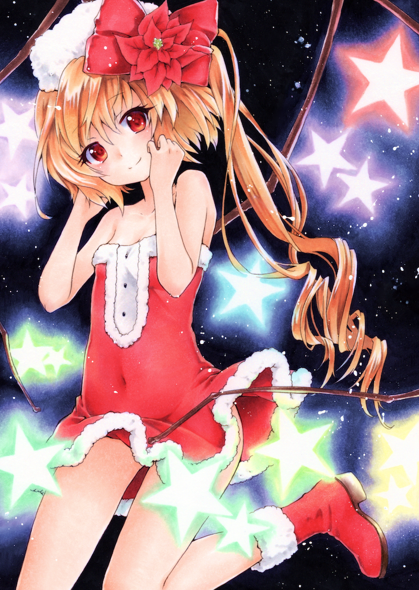 1girl alternate_costume bare_arms bare_legs bare_shoulders blonde_hair boots bow breasts closed_mouth covered_navel dress flandre_scarlet flower funnyfunny hair_bow hair_flower hair_ornament hands_up hat highres long_hair looking_at_viewer red_bow red_dress red_eyes red_flower red_footwear santa_costume short_dress side_ponytail small_breasts smile solo star touhou traditional_media white_hat wings