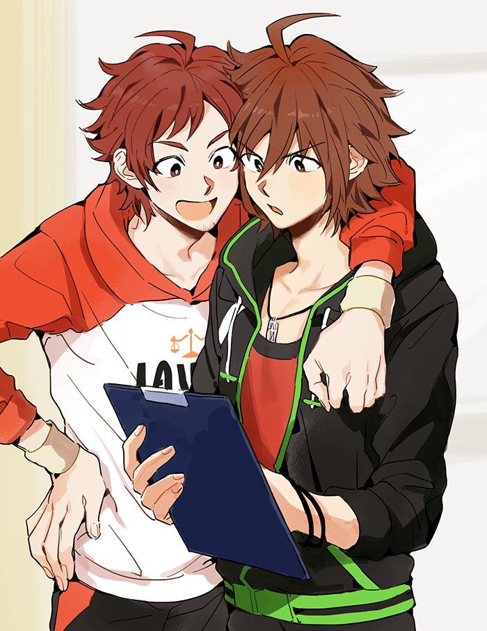 2boys ahoge amagase_touma arm_around_shoulder black_jacket bracelet bright_pupils brown_hair cowboy_shot facial_hair hand_on_hip hood hoodie idolmaster idolmaster_side-m jacket jewelry male_focus multiple_boys pgenmaip redhead stubble tendou_teru wristband