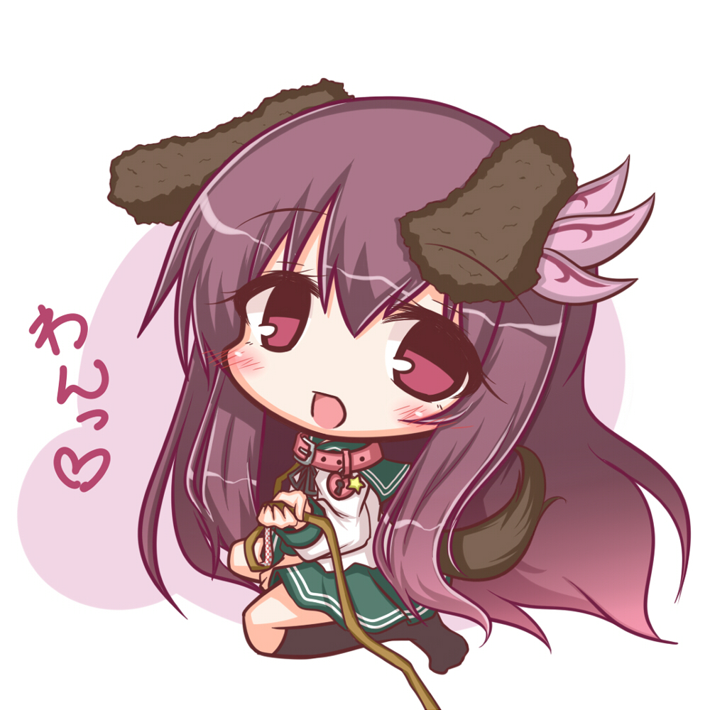 :d animal_ears bangs between_legs black_legwear blush collar dog_collar dog_ears dog_girl dog_tail eyebrows_visible_through_hair full_body green_sailor_collar green_skirt hair_between_eyes hair_ornament hand_between_legs heart_lock_(kantai_collection) holding_leash kantai_collection kemonomimi_mode kisaragi_(kantai_collection) kneehighs komakoma_(magicaltale) leash long_hair looking_at_viewer no_shoes open_mouth pink_collar pleated_skirt purple_hair sailor_collar school_uniform serafuku shirt sitting skirt smile star tail translation_request very_long_hair violet_eyes wariza white_background white_shirt