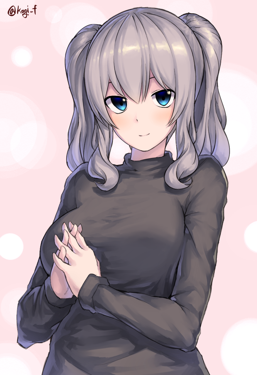 1girl bangs black_sweater breasts casual closed_mouth commentary contemporary hands_together highres interlocked_fingers kagi_f kantai_collection kashima_(kantai_collection) large_breasts long_sleeves looking_at_viewer pink_background simple_background smile solo sweater twitter_username two_side_up upper_body