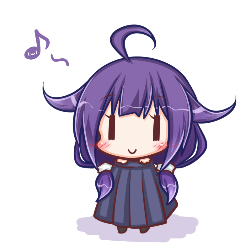 1girl ahoge bangs black_legwear black_skirt blush closed_mouth eyebrows_visible_through_hair flower hair_between_eyes hair_flower hair_ornament kantai_collection komakoma_(magicaltale) long_hair looking_at_viewer low-tied_long_hair musical_note pleated_skirt purple_hair quaver skirt smile solo standing taigei_(kantai_collection) white_background ||_||