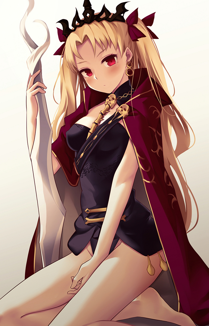 1girl bangs bare_legs barefoot between_breasts blonde_hair blush breasts buckle cape commentary earrings erect_nipples ereshkigal_(fate/grand_order) fate/grand_order fate_(series) gradient gradient_background grey_background groin hair_ribbon holding holding_weapon jewelry kneeling long_hair looking_at_viewer parted_bangs parted_lips polearm red_cape red_eyes revision ribbon skull small_breasts solo spear tiara tohsaka_rin two_side_up very_long_hair weapon white_background zen_o