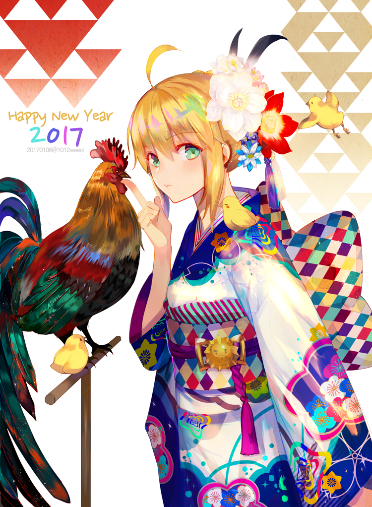 1girl 2017 ahoge animal artoria_pendragon_(all) bird blonde_hair chick chicken fate/stay_night fate_(series) flower furisode green_eyes hair_flower hair_ornament happy_new_year japanese_clothes kimono looking_at_viewer nengajou new_year revision rooster saber weed_(astarone) year_of_the_rooster