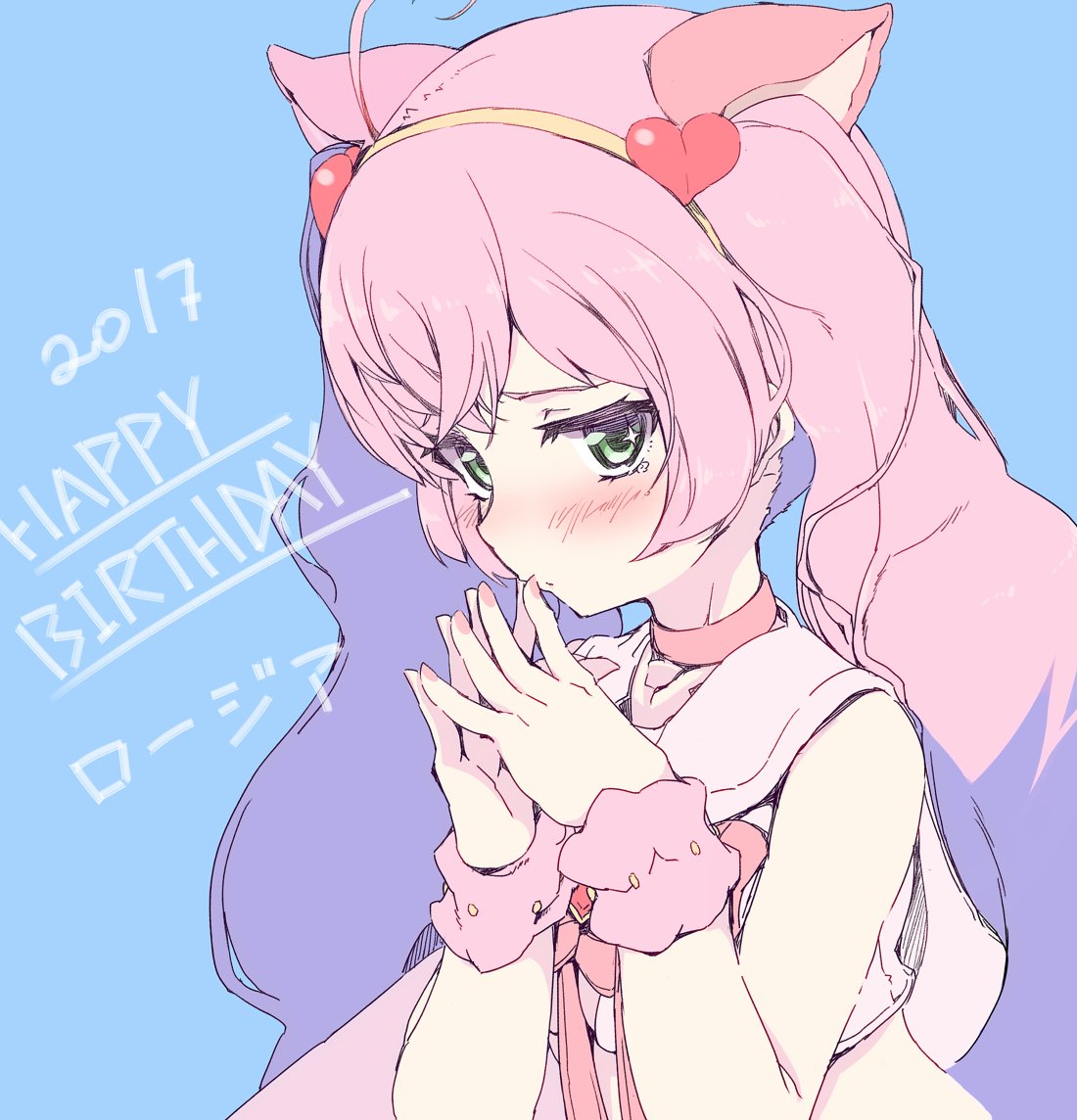 1girl 2017 ahoge animal_ears bangs bare_shoulders blue_background blush cat_ears character_name choker closed_mouth crop_top crossed_bangs eyebrows eyelashes facing_away fingernails fingers_together green_eyes hair_between_eyes hairband happy_birthday heart kogen long_hair nail_polish pink_choker pink_hair pink_nails rosia_(show_by_rock!!) sailor_collar shirt show_by_rock!! simple_background sleeveless sleeveless_shirt solo sparkle tears twintails upper_body white_shirt wristband yellow_hairband