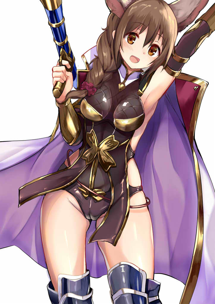 1girl :d arm_up armor armored_boots armpits bangs black_leotard boots braid breasts brown_eyes brown_hair esser eyebrows_visible_through_hair finger_on_trigger granblue_fantasy gun haik hair_between_eyes holding holding_gun holding_weapon idolmaster idolmaster_cinderella_girls leotard long_hair looking_at_viewer medium_breasts open_mouth satou_rina seiyuu_connection senkawa_chihiro side_braid sidelocks simple_background smile solo thighs weapon white_background