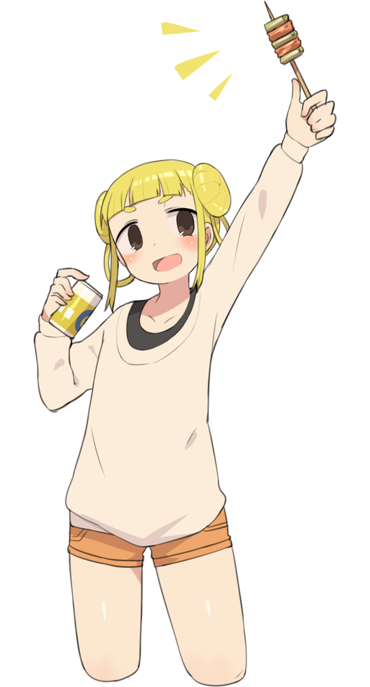 1girl :d blonde_hair blush brown_eyes commentary_request cowboy_shot cropped_legs double_bun food grey_sweater hand_up harau holding long_sleeves looking_at_viewer open_mouth orange_shorts original short_eyebrows short_hair short_shorts shorts smile solo standing sweater