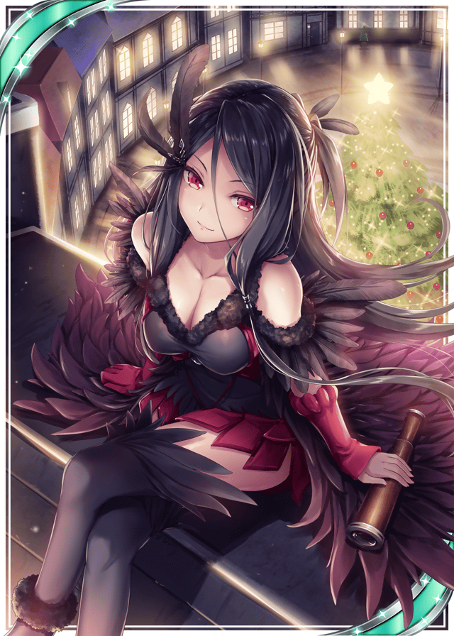 1girl akkijin black_dress black_hair breasts card_(medium) christmas christmas_lights christmas_tree dress feathers hair_ornament looking_at_viewer medium_breasts outdoors red_eyes shinkai_no_valkyrie sitting solo star telescope thigh-highs town