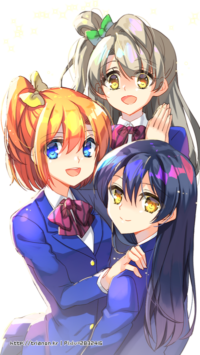 3girls bangs blazer blue_eyes blue_hair bow commentary_request green_bow grey_hair hair_between_eyes hair_bow hand_on_another's_shoulder hands_clasped jacket kousaka_honoka long_hair long_sleeves looking_at_viewer love_live! love_live!_school_idol_project minami_kotori multiple_girls one_side_up open_mouth orange_hair otonokizaka_school_uniform own_hands_together red_neckwear school_uniform smile sonoda_umi striped_neckwear trianon yellow_bow yellow_eyes