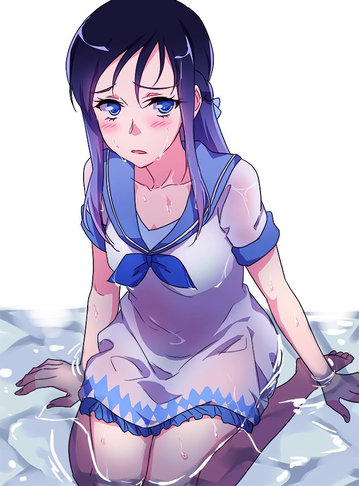 1girl blue_eyes blue_hair blush dokidoki!_precure dress hishikawa_rikka long_hair looking_at_viewer negom partially_submerged precure short_sleeves simple_background sitting solo wariza water wet wet_clothes white_background white_dress