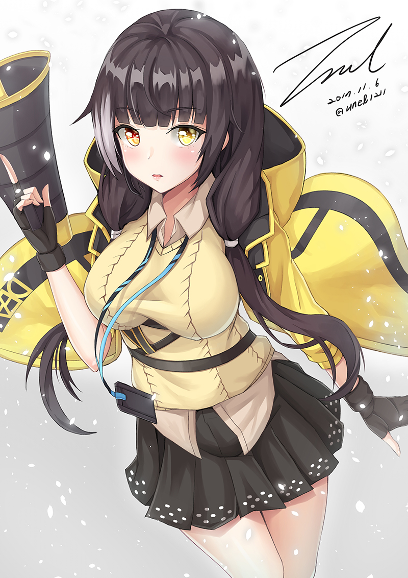 1girl arm_at_side arm_up bangs black_gloves black_hair black_skirt collared_shirt dated eyebrows_visible_through_hair fingerless_gloves girls_frontline gloves grey_background heterochromia holding_megaphone index_finger_raised jacket lanyard long_hair looking_at_viewer megaphone multicolored_hair open_mouth orange_eyes pleated_skirt red_eyes ro635_(girls_frontline) shirt signature simple_background skirt solo strap streaked_hair sweater twintails twitter_username unel1211 white_hair yellow_eyes