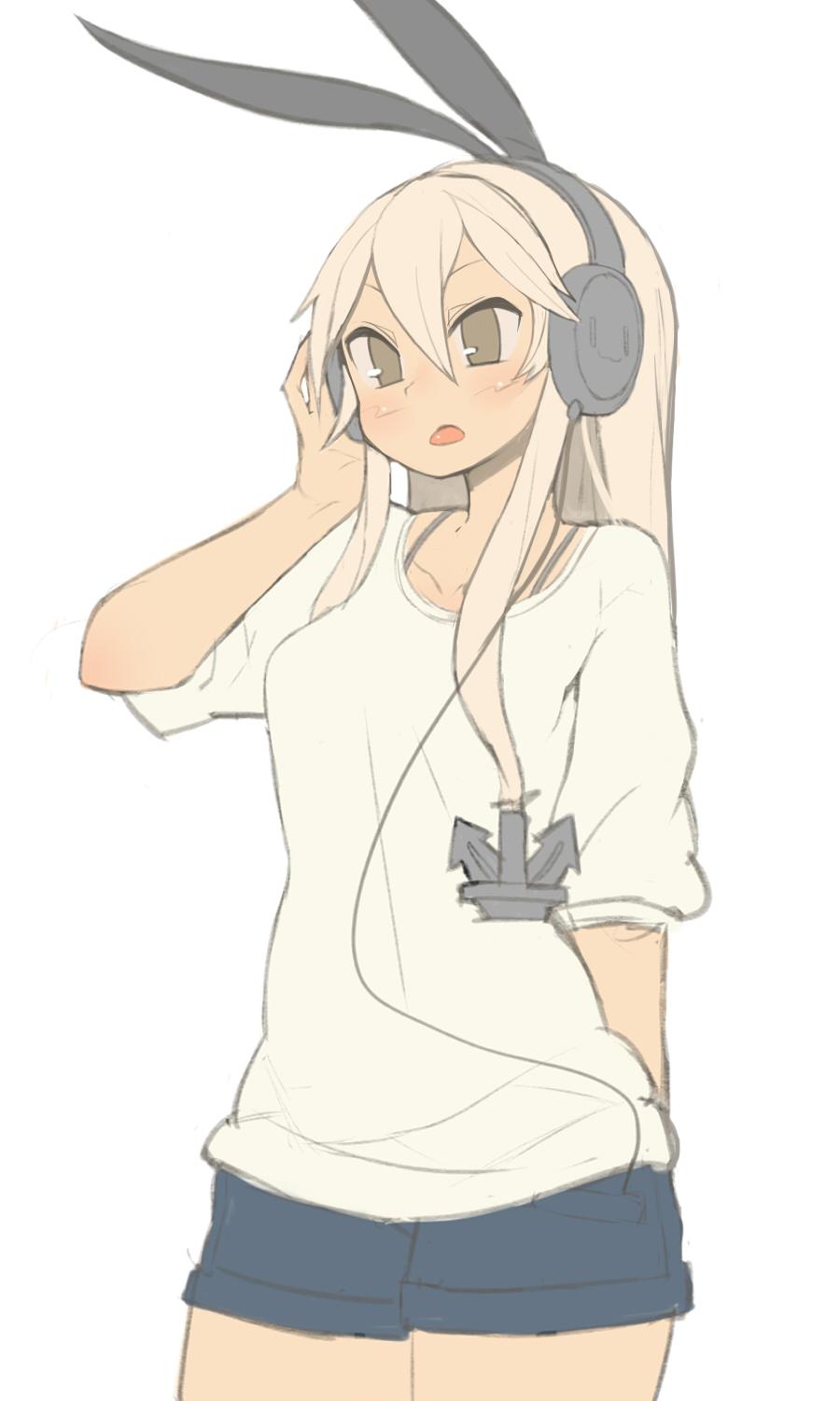 1girl alternate_costume blonde_hair blue_shorts bow bra_strap casual commentary_request cowboy_shot hair_bow hairband hand_on_headphones hand_up harau headphones highres kantai_collection open_mouth rensouhou-chan shimakaze_(kantai_collection) shirt short_shorts shorts simple_background sketch solo standing white_background white_shirt