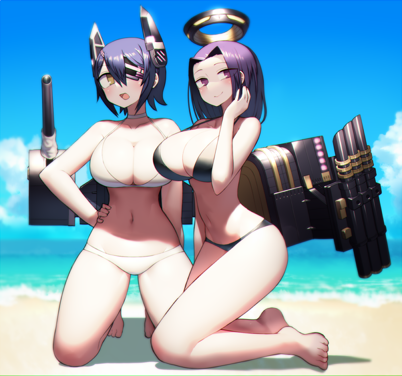 2girls bangs bare_arms bare_legs bare_shoulders barefoot beach bikini black_bikini blue_sky blurry blurry_background blush breasts choker cleavage closed_mouth clouds commentary day depth_of_field eyepatch halo halterneck hand_on_hip hand_up harau kantai_collection kneeling large_breasts looking_at_viewer machinery multiple_girls navel ocean open_mouth outdoors parted_bangs purple_hair sand short_hair sky smile swimsuit tatsuta_(kantai_collection) tenryuu_(kantai_collection) violet_eyes white_bikini white_choker yellow_eyes