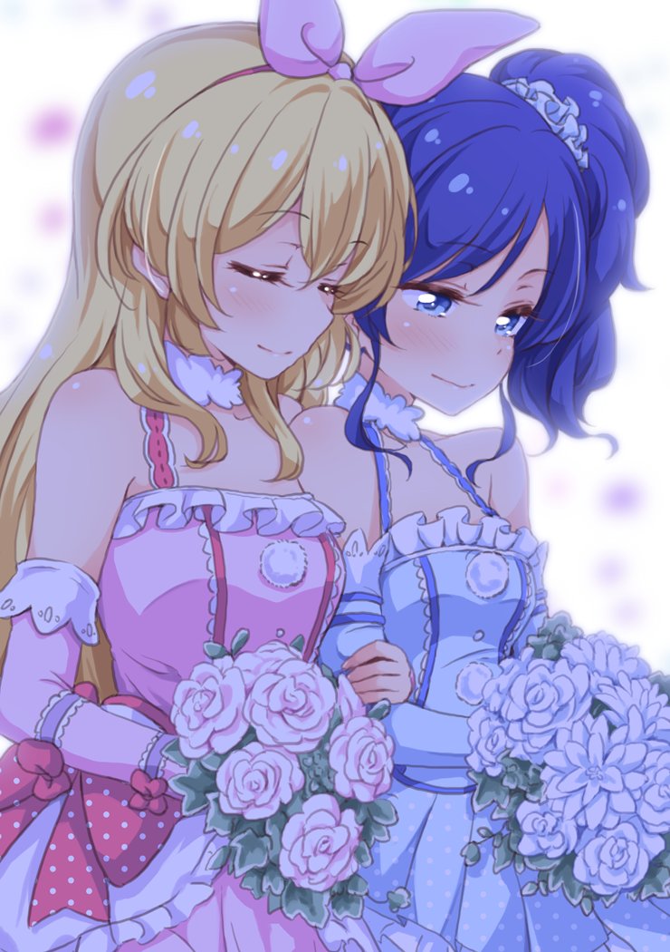 2girls aikatsu! arm_holding bangs bare_shoulders blonde_hair blue_eyes blue_hair blush bouquet bow closed_eyes commentary_request detached_sleeves dress eyebrows_visible_through_hair flower hair_between_eyes hair_bow hair_ornament hair_scrunchie hairband holding holding_bouquet hoshimiya_ichigo kiriya_aoi locked_arms long_hair multiple_girls scrunchie side_ponytail sleeveless sleeveless_dress smile spaghetti_strap tokunou_shoutarou upper_body yuri