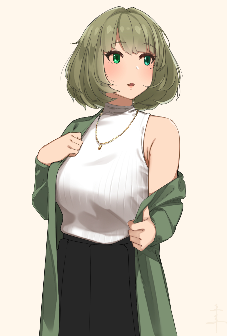1girl bangs black_skirt blue_eyes blush breasts cowboy_shot eyebrows_visible_through_hair green_eyes green_hair green_jacket heterochromia highlights highres idolmaster idolmaster_cinderella_girls jacket jewelry long_sleeves looking_to_the_side medium_breasts medium_skirt mole mole_under_eye multicolored_hair necklace off_shoulder open_clothes open_jacket parted_lips senju_(snz0) short_hair signature simple_background single_bare_shoulder skirt smile solo standing sweater takagaki_kaede undressing white_sweater yellow_background