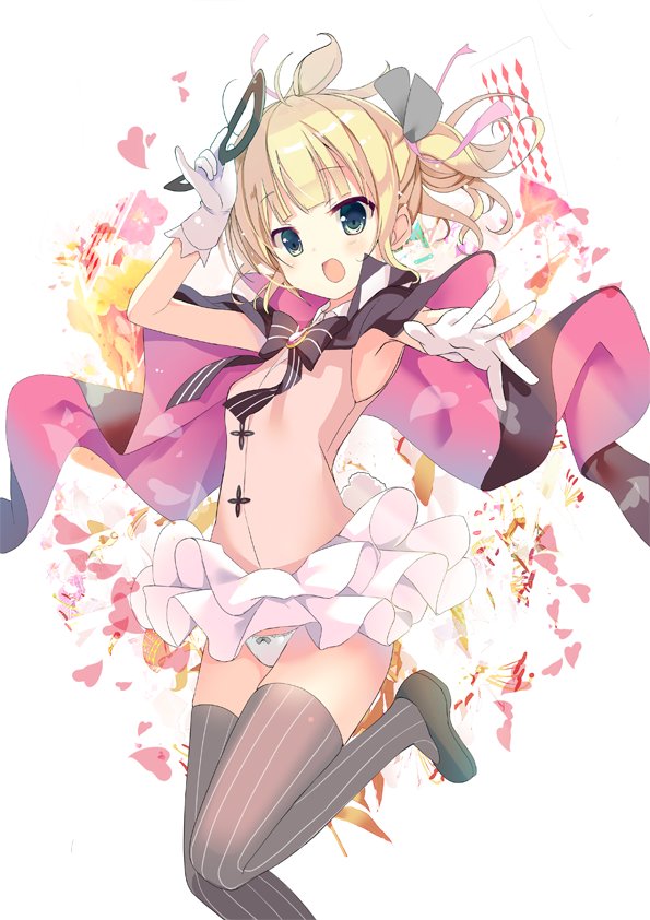 1girl :o aqua_eyes armpit_peek bangs black_bow black_cape black_footwear black_legwear black_neckwear blonde_hair blunt_bangs blush bow bow_panties bowtie breasts brooch cape commentary_request domino_mask eyebrows_visible_through_hair foreshortening full_body gloves gochuumon_wa_usagi_desu_ka? hair_bow heart holding holding_mask jewelry kirima_sharo layered_skirt loafers looking_at_viewer mask mask_removed multicolored multicolored_background open_mouth outstretched_arm panties phantom_thief_lapin pink_shirt pinstripe_legwear shirt shoes short_hair skirt skirt_lift sleeveless sleeveless_shirt small_breasts solo standing standing_on_one_leg striped striped_legwear striped_neckwear takashina_masato thigh-highs twintails underwear white_gloves white_panties white_skirt wind wind_lift