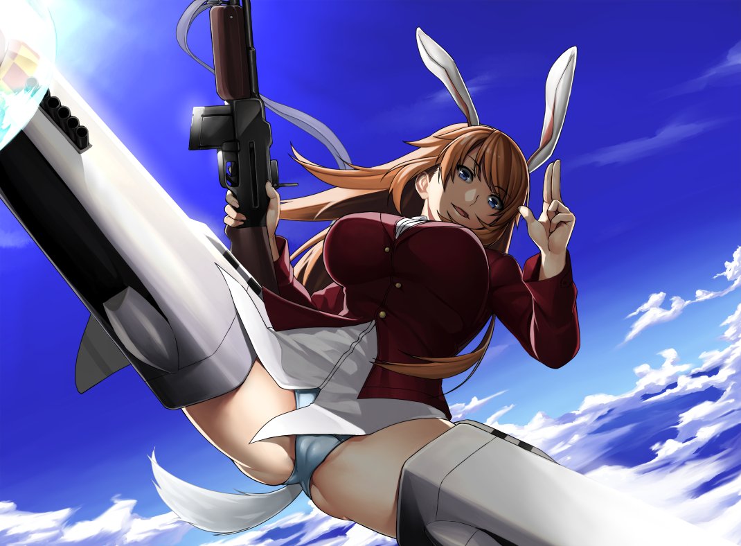 1girl animal_ears asashin_(kazami-tomo) ass blue_eyes blue_sky breasts brown_hair browning_automatic_rifle charlotte_e_yeager clouds groin_tendon large_breasts long_hair panties rabbit_ears sky solo spread_legs strike_witches striker_unit tail thighs underwear world_witches_series