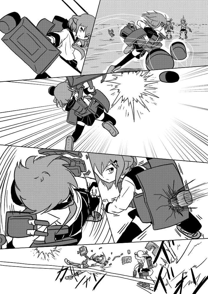 5girls anchor animal_hood bangs broken broken_weapon bullet bunny_hood coat comic commentary covering_head crack damaged explosion eyebrows_visible_through_hair faceless flat_cap folded_ponytail greyscale hair_ornament hairclip hat hibiki_(kantai_collection) hood hood_up hoodie horizon ikazuchi_(kantai_collection) inazuma_(kantai_collection) innertube kantai_collection kikuzuki_(kantai_collection) lightning_bolt lightning_bolt_hair_ornament long_hair long_sleeves looking_to_the_side machinery medium_hair meitoro miniskirt monochrome motion_lines multiple_girls ocean outdoors outstretched_arms pigeon-toed pleated_skirt rensouhou-chan rigging running school_uniform serafuku shirayuki_(kantai_collection) sidelocks sideways_hat skirt slit_pupils smokestack sound_effects spinning thigh-highs thigh_strap turret v-shaped_eyebrows weapon zettai_ryouiki