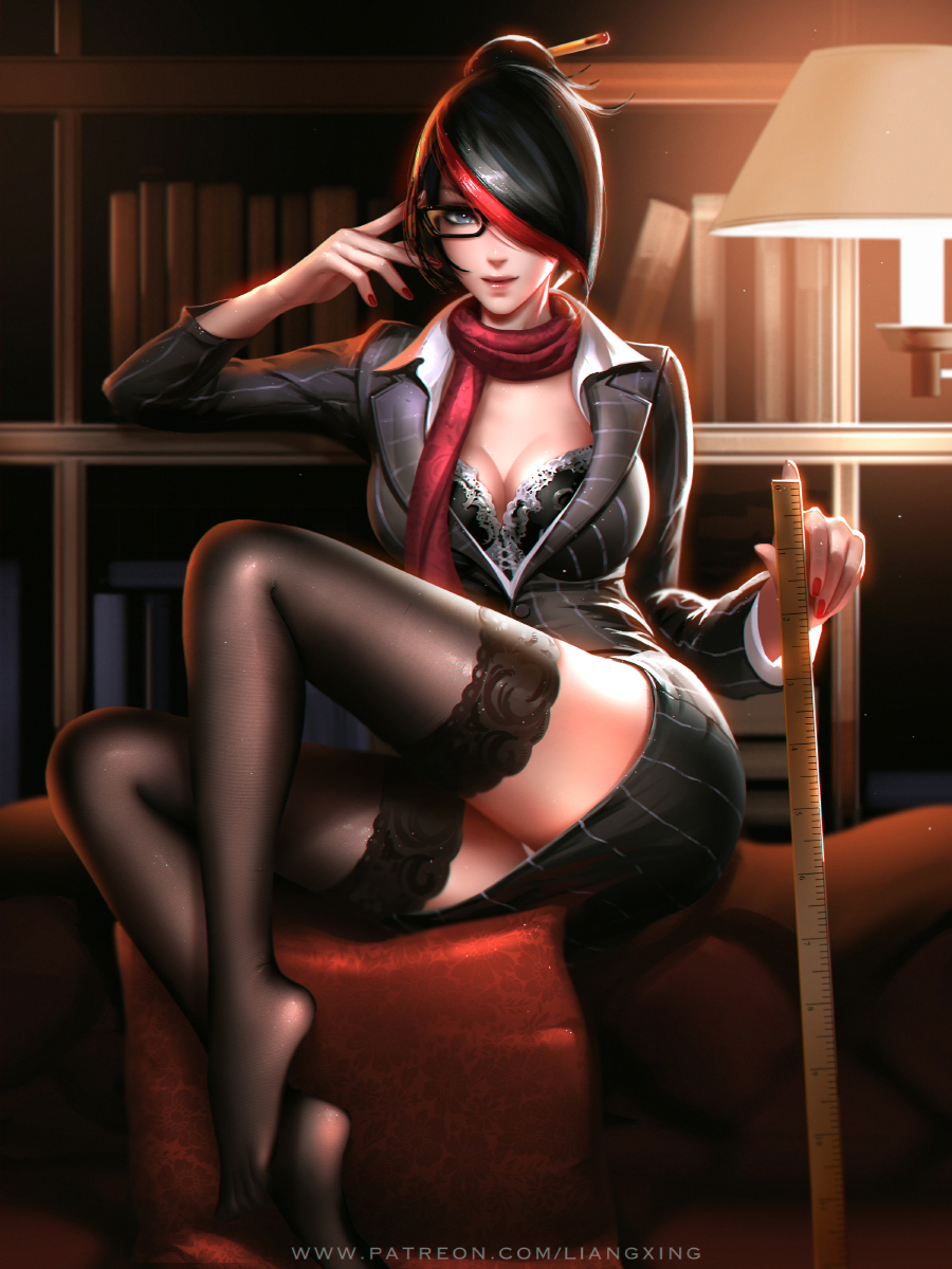 1girl black_hair book bookshelf breasts bustier cleavage fiora_laurent glasses hair_bun hair_over_one_eye highres indoors large_breasts league_of_legends liang_xing looking_at_viewer multicolored_hair nail_polish ruler scarf short_hair sitting solo thigh-highs two-tone_hair