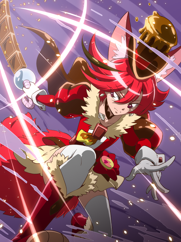 1girl animal_ears bangs boots brown_hair brown_hat choker closed_mouth cure_chocolat dog_ears dog_tail earrings gloves hat holding holding_wand jewelry juliet_sleeves kenjou_akira kirakira_precure_a_la_mode knee_boots kneeling long_sleeves looking_at_viewer magical_girl multicolored_hair precure puffy_sleeves purple_background red_eyes red_footwear redhead short_hair skirt solo streaked_hair swept_bangs tail thigh-highs tj-type1 top_hat two-tone_hair wand white_gloves white_legwear yellow_skirt