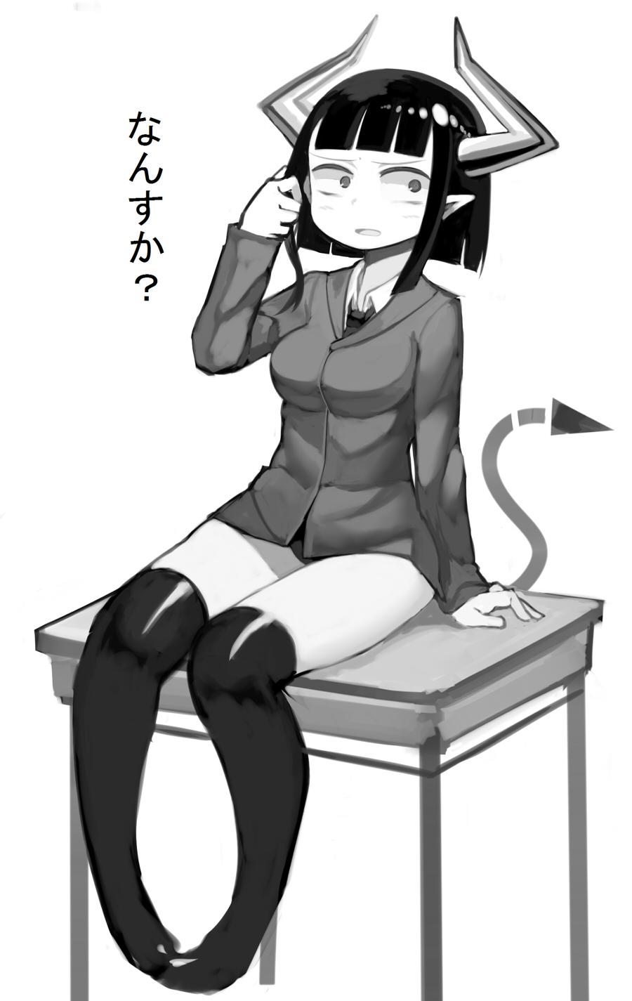 1girl collared_shirt commentary_request demon_girl demon_horns demon_tail desk full_body greyscale harau highres horns jacket kneehighs legs_together long_sleeves looking_at_viewer monochrome necktie on_desk original parted_lips pigeon-toed pointy_ears sanpaku shirt simple_background sitting sketch solo tail translation_request white_background wide-eyed wing_collar